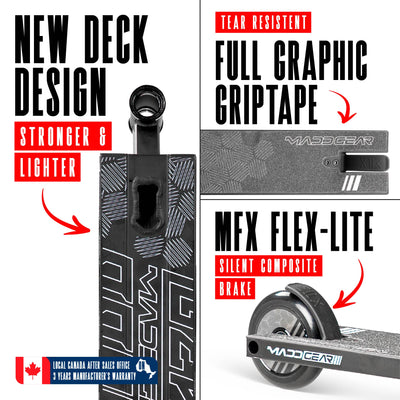 MG3 Zen Pro Scooter - Black; sturdy design with high-quality aluminum deck and steel handlebar, ideal for skatepark stunts. Features 110mm wheels and ABEC-7 bearings.