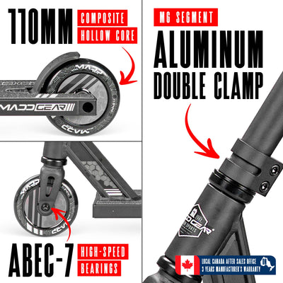 MG3 Zen Pro Scooter - Black Black, featuring a robust metal frame, sleek pole, and sturdy wheels, ideal for skatepark stunts and tricks for kids 8+.