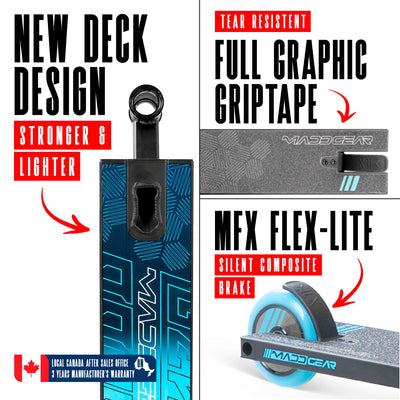 MG3 Zen Pro Scooter - Black Blue, featuring durable aluminum deck, steel handlebar, and 110mm wheels, ideal for skatepark stunt riding. Supports up to 220 lbs.