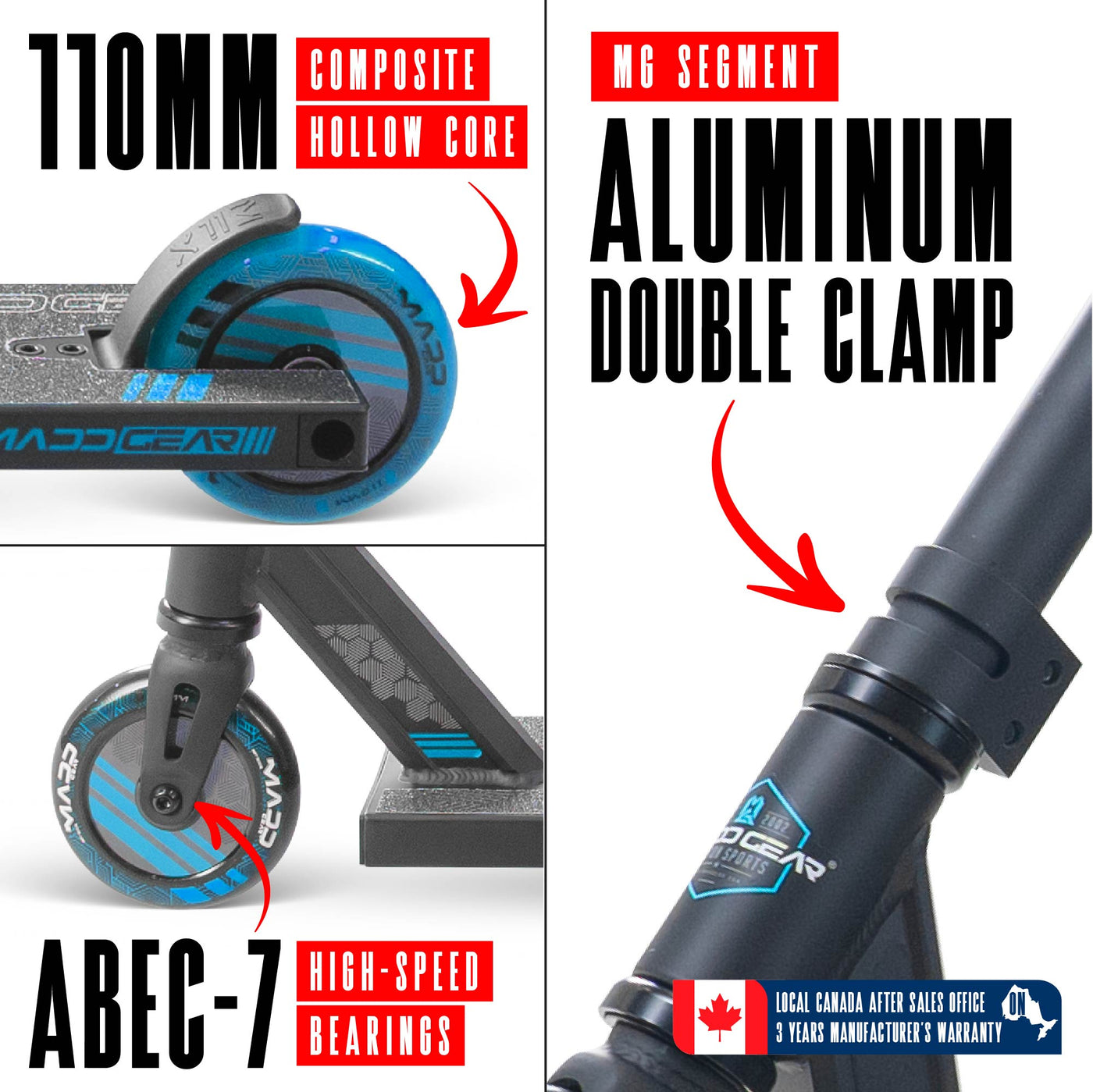MG3 Zen Pro Scooter - Black Blue with a durable handlebar and aluminum deck, designed for skatepark stunts. Suitable for riders 8 years and up.
