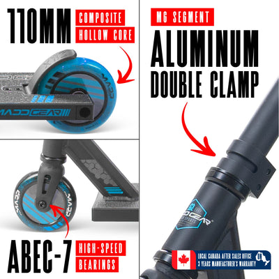 MG3 Zen Pro Scooter - Black Blue with a durable handlebar and aluminum deck, designed for skatepark stunts. Suitable for riders 8 years and up.