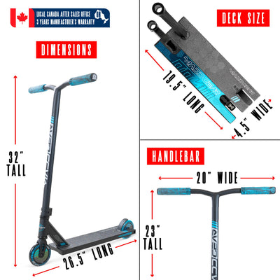 MG3 Zen Pro Scooter - Black Blue with blue wheels, designed for skatepark stunts, featuring a durable aluminum deck and steel handlebar for kids 8 years and up.