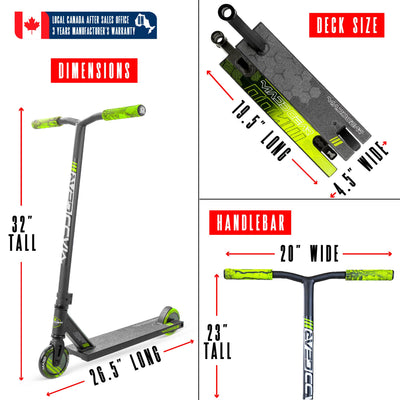 MG3 Zen Pro Scooter – Black Green with a handlebar, aluminum deck, and 110mm wheels, ideal for kids 8+ for skatepark stunts.