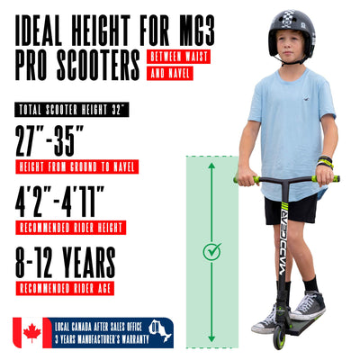 MG3 Zen Pro Scooter - Black Green with sturdy handlebars and durable wheels, designed for stunt riding at skateparks. Ideal for young riders honing their skills.