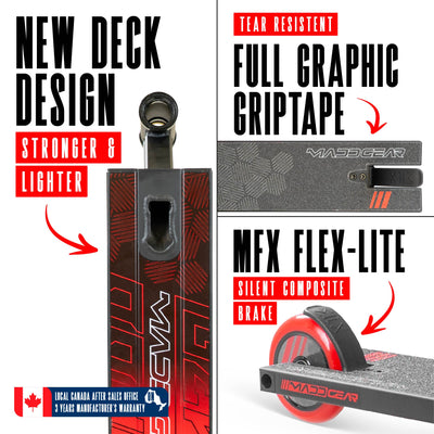 MG3 Zen Pro Scooter - Black Red, featuring a sturdy one-piece steel handlebar and 110mm composite wheels, ideal for skatepark stunts and tricks.