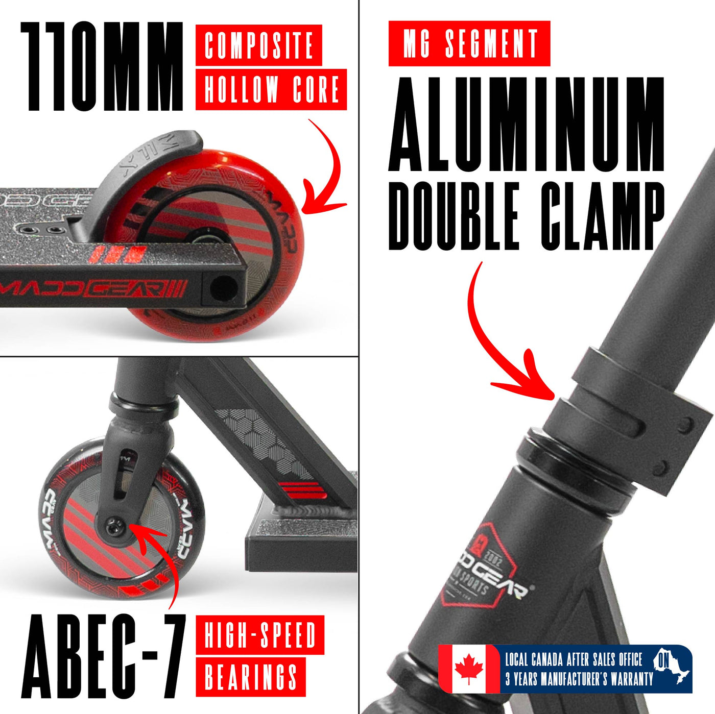 MG3 Zen Pro Scooter - Black Red, features a sleek design with a durable aluminum deck and strong steel handlebar, ideal for skatepark stunts.