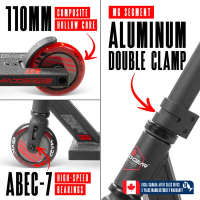 MG3 Zen Pro Scooter - Black Red, features a sleek design with a durable aluminum deck and strong steel handlebar, ideal for skatepark stunts.