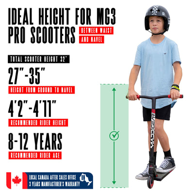 MG3 Zen Pro Scooter - Black Red with sturdy handlebars and durable wheels, designed for stunt riding at skateparks. Ideal for young riders honing their skills.