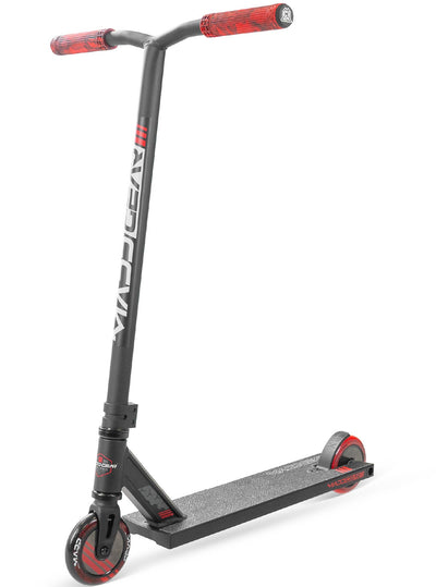 MG3 Zen Pro Scooter - Black Red with a handlebar, sturdy wheels, and durable aluminum deck, ideal for skatepark stunts and tricks.
