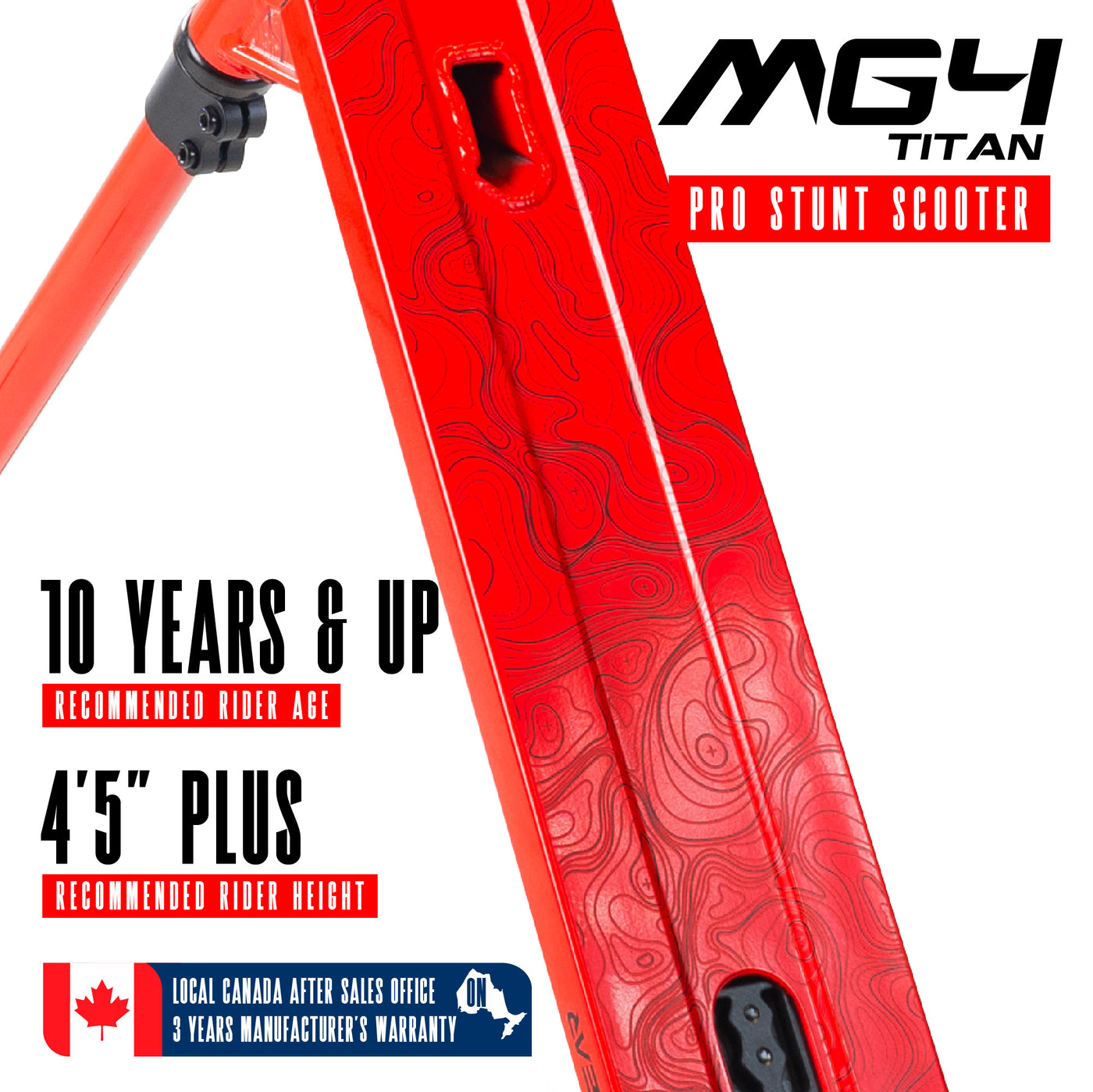 Madd Gear MG4 Titan Pro Scooter - Red Black with a wide aluminum deck, tall handlebar, and high-rebound wheels, ideal for beginner to intermediate riders.