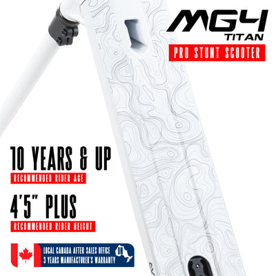 MG4 Titan Pro Scooter with a 5 wide aluminum deck, one-piece handlebars, and alloy core wheels, designed for beginner to intermediate riders.