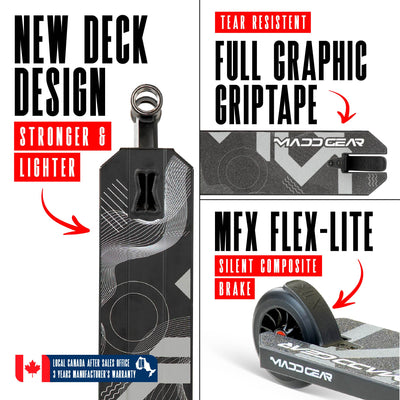 MG5 Axion Pro Scooter - Neochrome Black, featuring a sturdy one-piece steel handlebar and 110mm aluminum core wheels, ideal for skatepark stunts and tricks.
