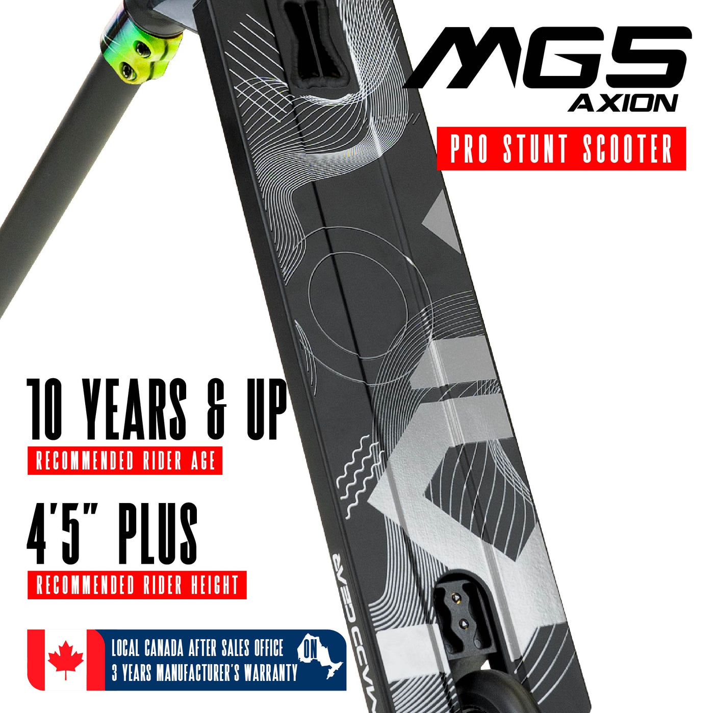 MG5 Axion Pro Scooter - Black Neochrome with sturdy handlebars and durable wheels, designed for stunt riding at skateparks. Ideal for young riders honing their skills.