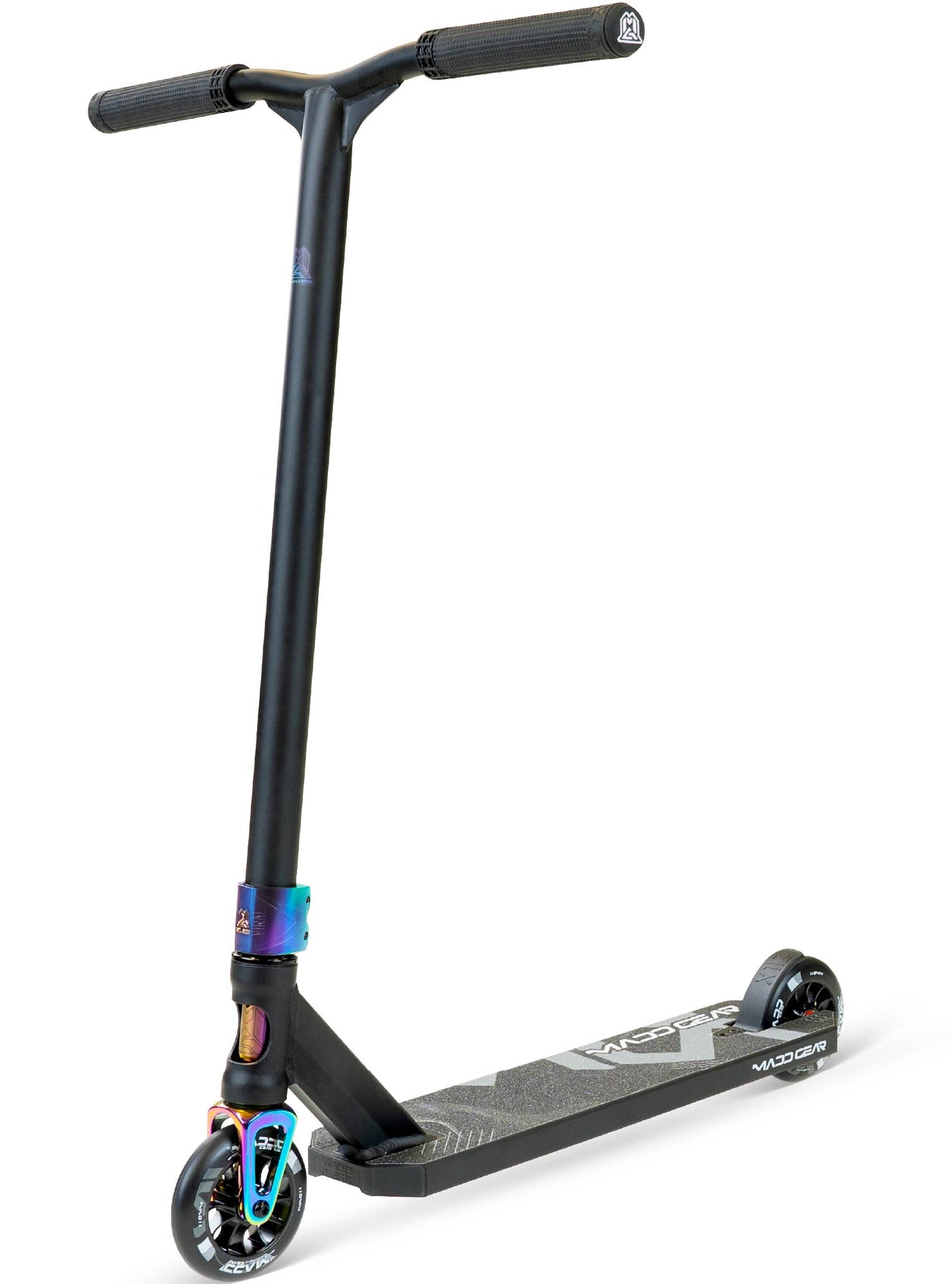 MG5 Axion Pro Scooter - Black Neochrome with a handlebar, sturdy wheels, and durable aluminum deck, ideal for skatepark stunts and tricks.