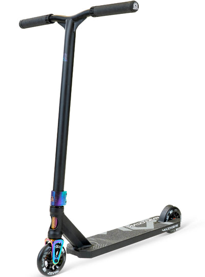 MG5 Axion Pro Scooter - Black Neochrome with a handlebar, sturdy wheels, and durable aluminum deck, ideal for skatepark stunts and tricks.