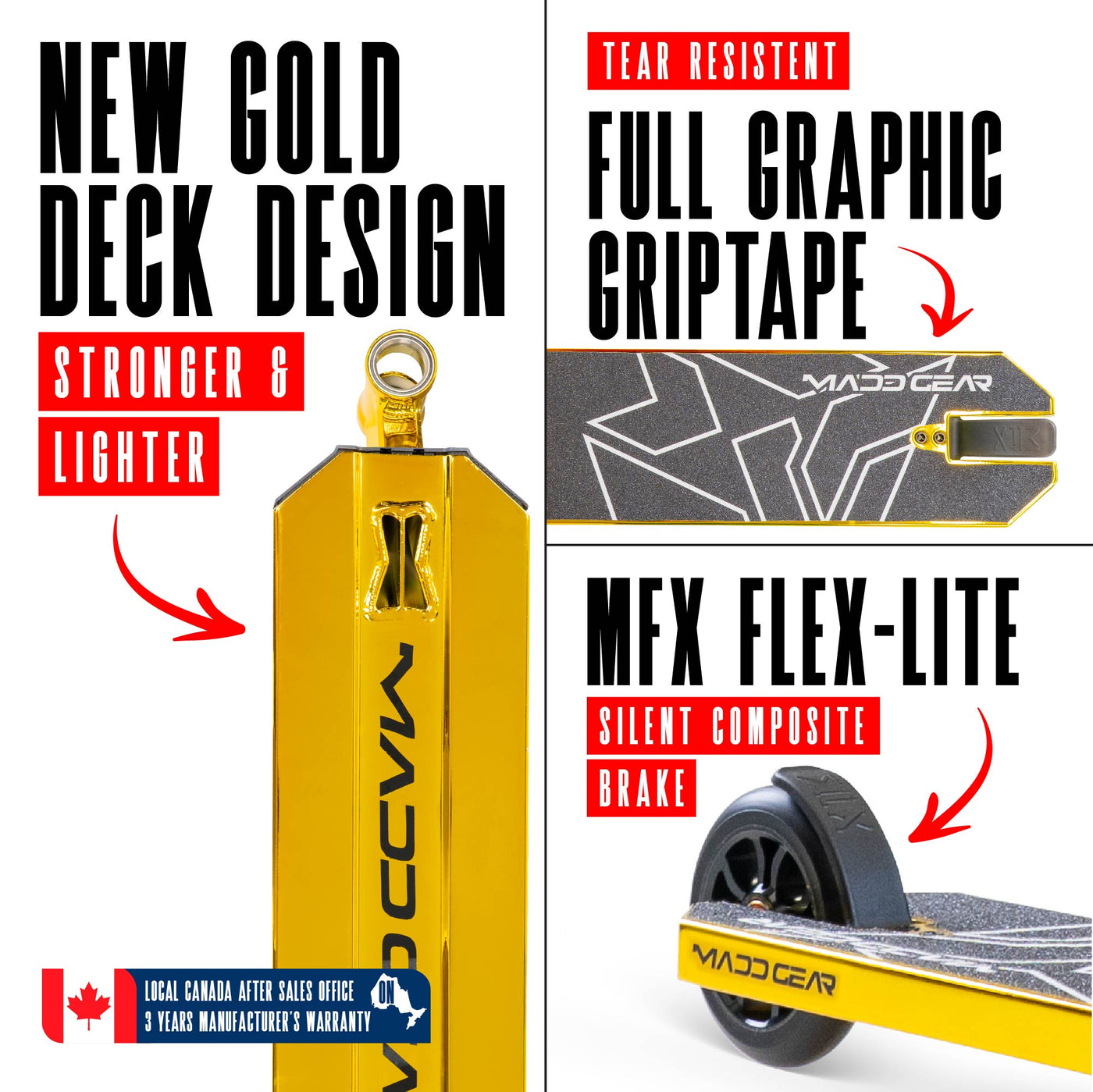 MG6 Kinetic Pro Scooter - Gold Black, featuring a sturdy one-piece steel handlebar and 110mm aluminum core wheels, ideal for skatepark stunts and tricks.