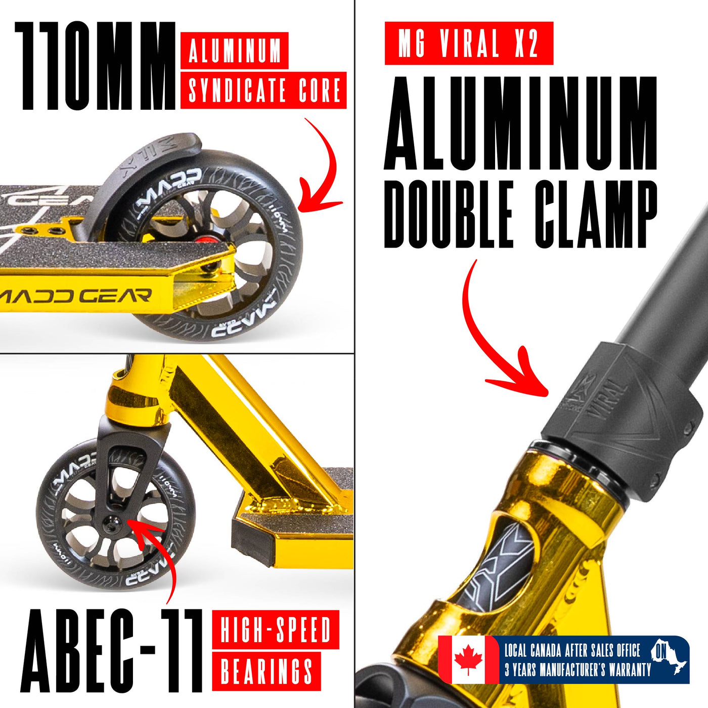 MG6 Kinetic Pro Scooter - Gold Black, features a sleek design with a durable aluminum deck and strong steel handlebar, ideal for skatepark stunts.