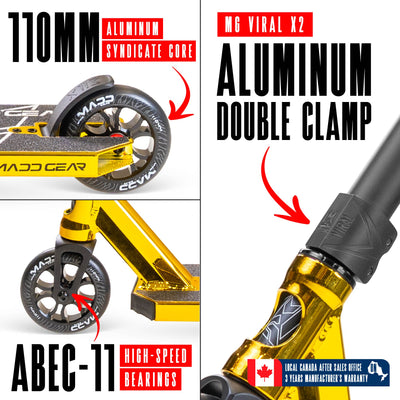 MG6 Kinetic Pro Scooter - Gold Black, features a sleek design with a durable aluminum deck and strong steel handlebar, ideal for skatepark stunts.