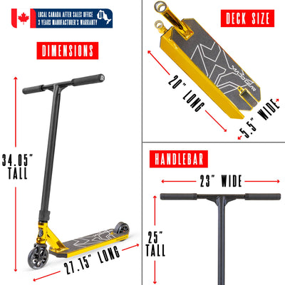 MG6 Kinetic Pro Scooter - Gold Black with a long handlebar, sturdy aluminum deck, and smooth 110mm wheels, ideal for skatepark stunts.