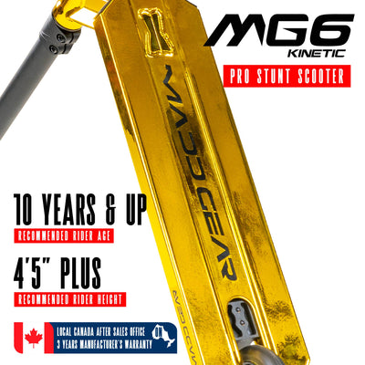 MG6 Kinetic Pro Scooter - Gold Black with sturdy handlebars and durable wheels, designed for stunt riding at skateparks. Ideal for young riders honing their skills.