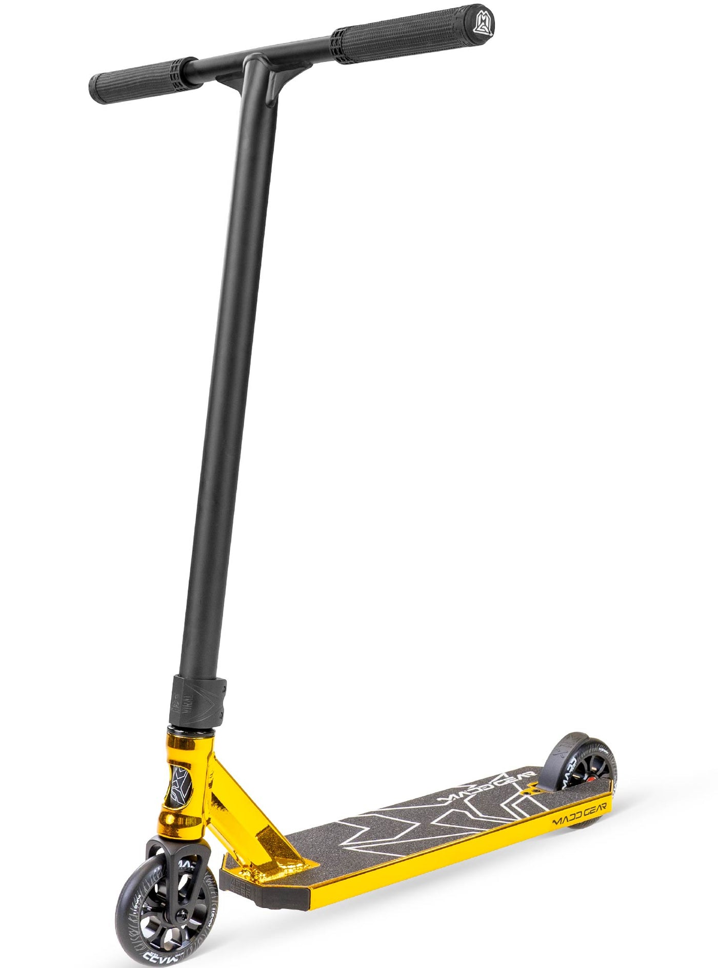 MG6 Kinetic Pro Scooter - Gold Black with a handlebar, sturdy wheels, and durable aluminum deck, ideal for skatepark stunts and tricks.
