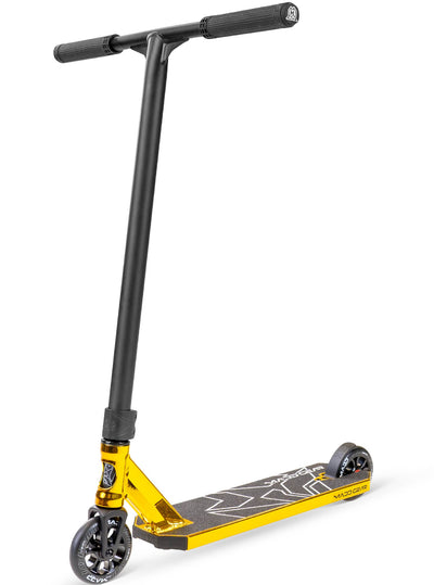 MG6 Kinetic Pro Scooter - Gold Black with a handlebar, sturdy wheels, and durable aluminum deck, ideal for skatepark stunts and tricks.