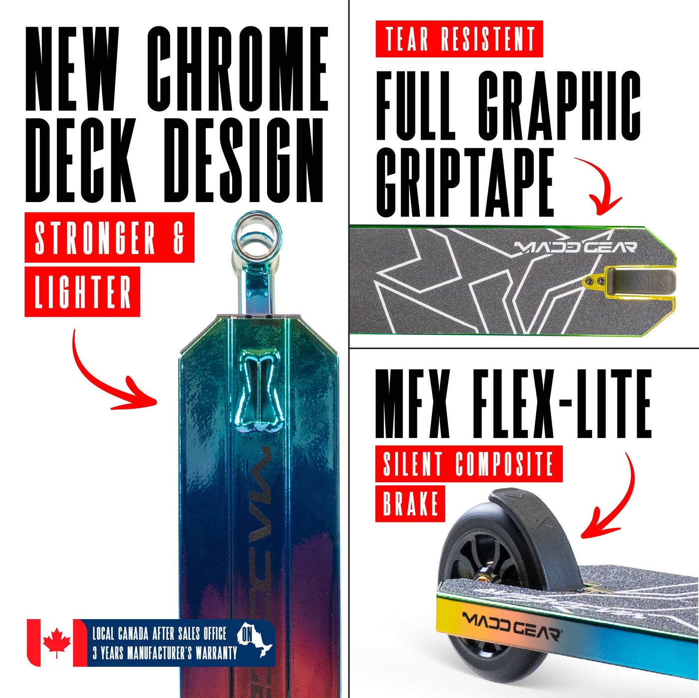 MG6 Kinetic Pro Scooter - Neochrome Black, featuring a sturdy one-piece steel handlebar and 110mm aluminum core wheels, ideal for skatepark stunts and tricks.