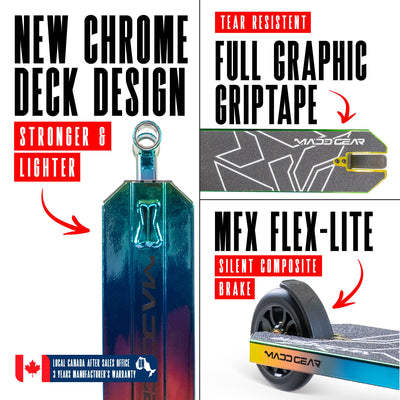 MG6 Kinetic Pro Scooter - Neochrome Black, featuring a sturdy one-piece steel handlebar and 110mm aluminum core wheels, ideal for skatepark stunts and tricks.