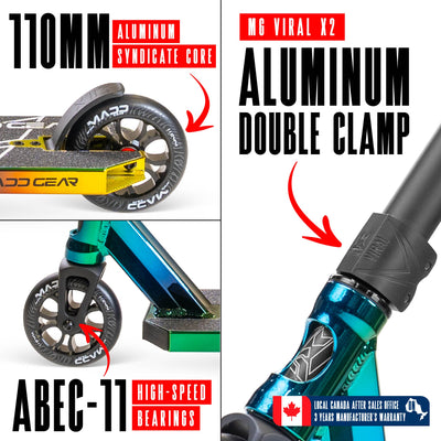MG6 Kinetic Pro Scooter - Neochrome Black, features a sleek design with a durable aluminum deck and strong steel handlebar, ideal for skatepark stunts.