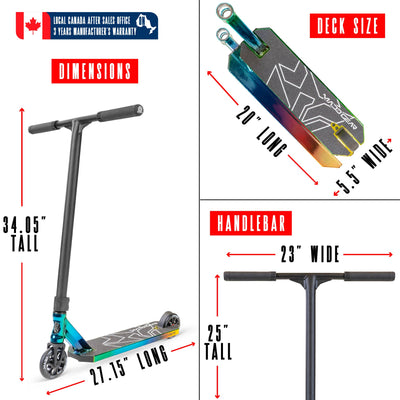 MG6 Kinetic Pro Scooter - Neochrome Black with a long handlebar, sturdy aluminum deck, and smooth 110mm wheels, ideal for skatepark stunts.