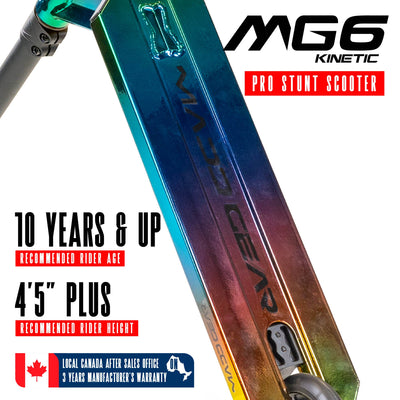 MG6 Kinetic Pro Scooter - Neochrome Black with sturdy handlebars and durable wheels, designed for stunt riding at skateparks. Ideal for young riders honing their skills.
