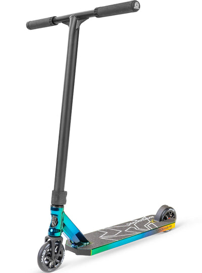 MG6 Kinetic Pro Scooter - Neochrome Black with a handlebar, sturdy wheels, and durable aluminum deck, ideal for skatepark stunts and tricks.