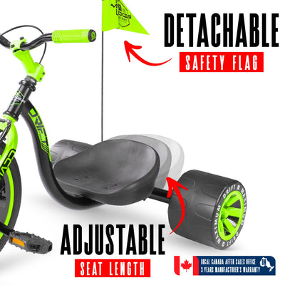 Madd Gear Drift Trike Huffy Green Machine Drifter Tricycle Kids Children Girls Boys Black Green Mad big wheel adjustable seat safety flag