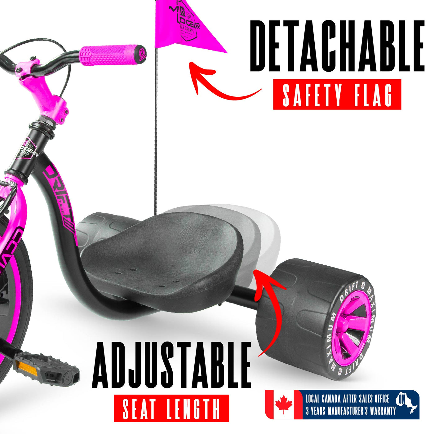 Madd Gear Drift Trike Huffy Green Machine Drifter Tricycle Kids Children Girls Boys Black Pink Mad big wheel adjustable seat safety flag