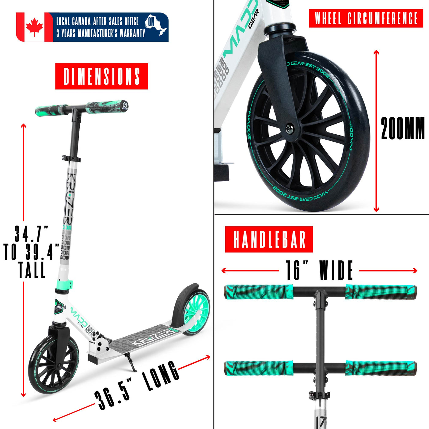 Madd Gear Kruzer White Gray Teal 200mm Wheel Scooter. Ultra smooth rolling and compact folding action. Adjustable height for riders of all heights.