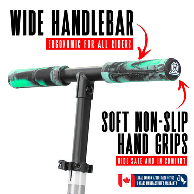 Madd Gear Kruzer 200 Commuter Scooter Teal Gray White with soft non-slip grips and a 2-piece handlebar.