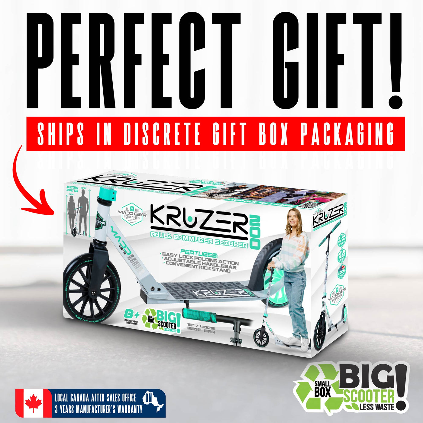 Madd Gear Kruzer commuter scooter color box packaging is perfect for a gift.