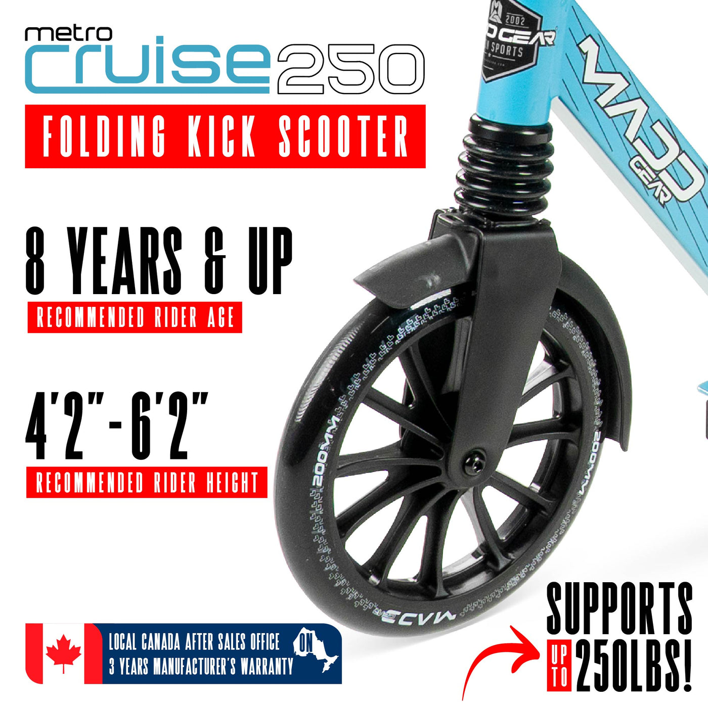 Madd Gear Razor Metro Cruise 250 Folding Adjustable Commuter Scooter Teens Adults Blue 200mm
