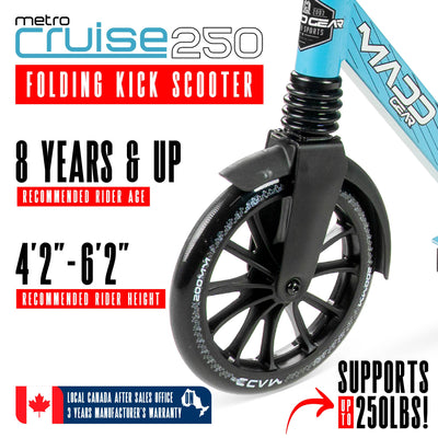 Madd Gear Razor Metro Cruise 250 Folding Adjustable Commuter Scooter Teens Adults Blue 200mm