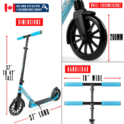 Madd Gear Metro Cruise 250 Blue Black 200mm Wheel Scooter. Ultra smooth rolling and compact folding action. Adjustable height for riders of all heights.