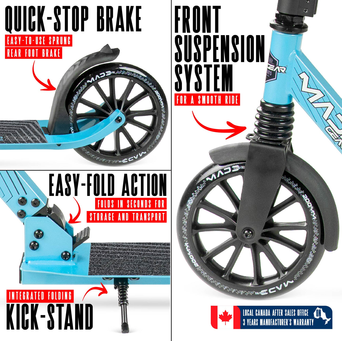 MG Madd Gear Metro Cruise 250 Folding Scooter. Cruise with ease with smooth bearings and quick stop brake.