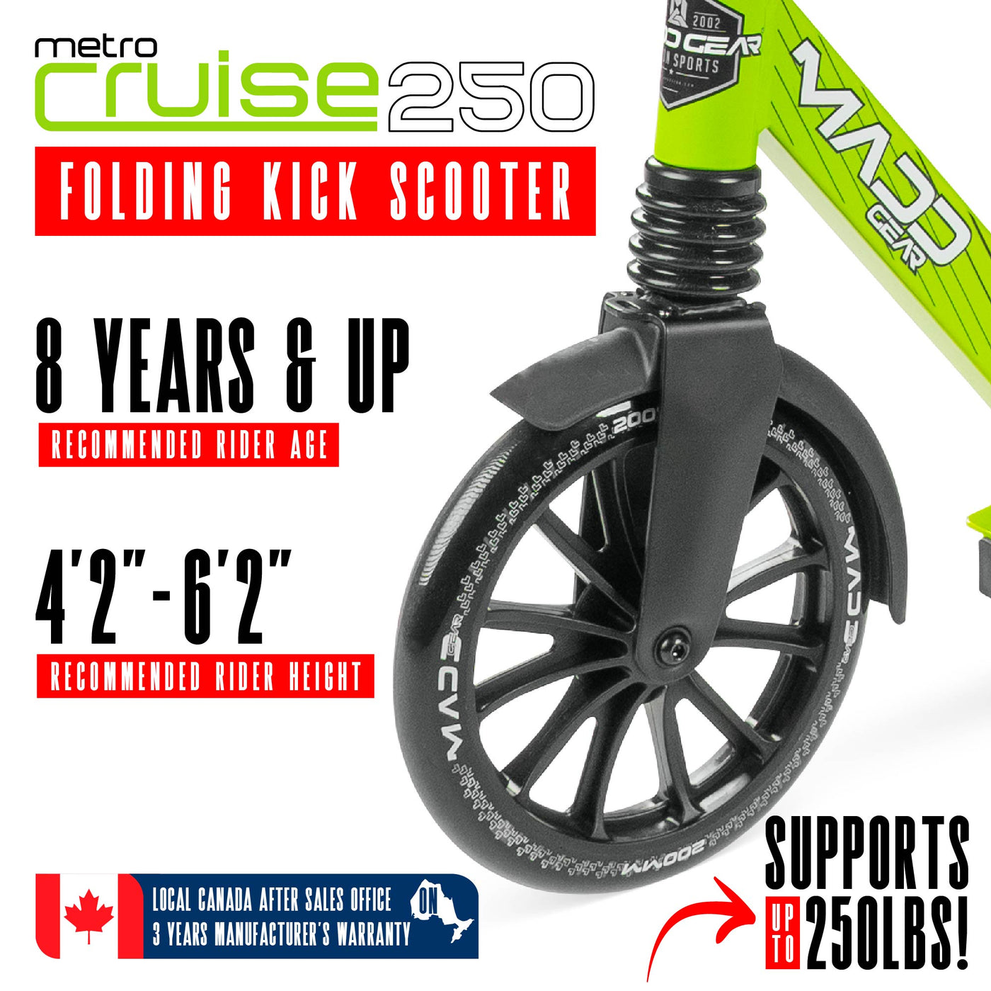 Madd Gear Razor Metro Cruise 250 Folding Adjustable Commuter Scooter Teens Adults Green Black 200mm