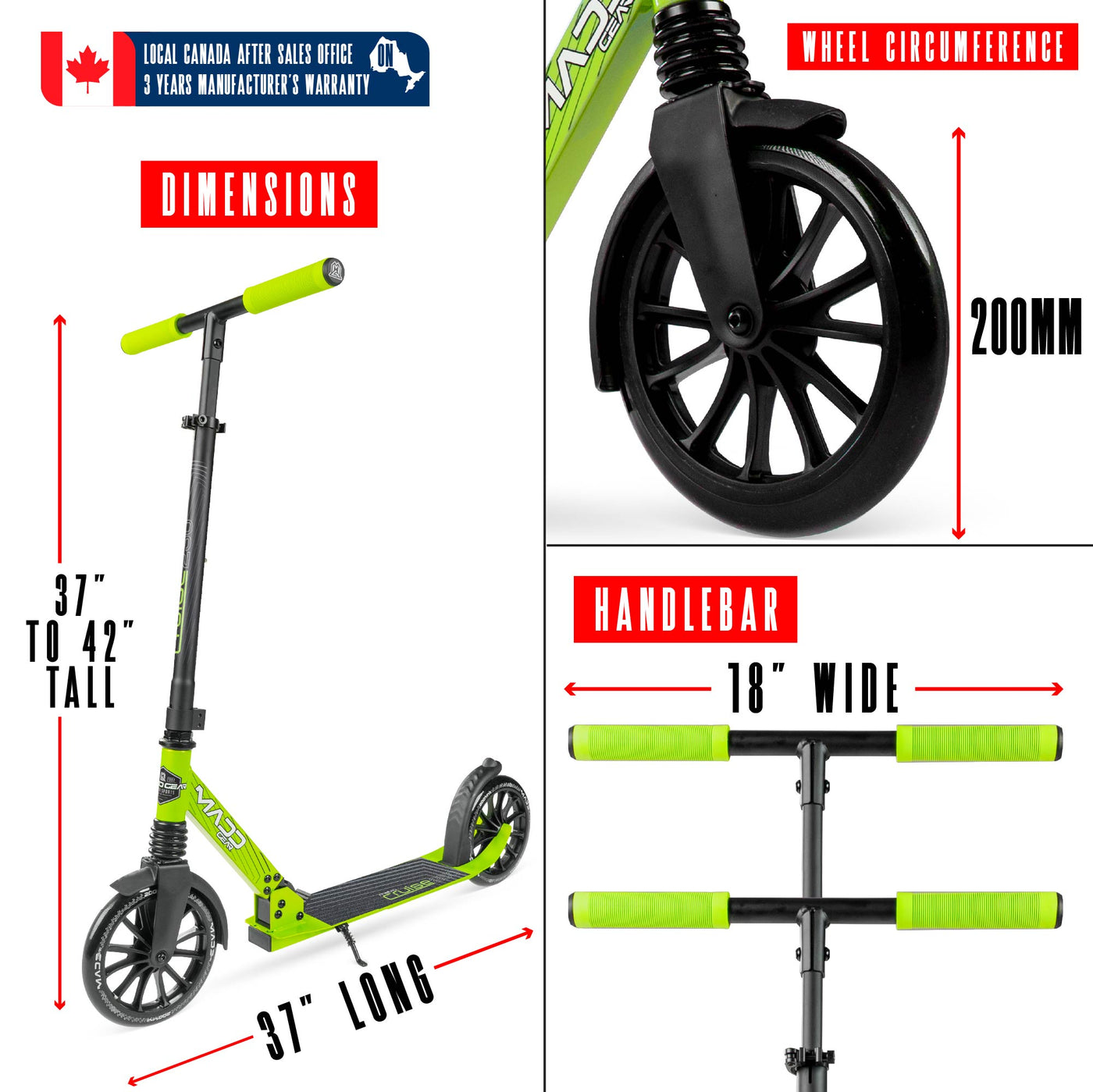 Madd Gear Metro Cruise 250 Green Black 200mm Wheel Scooter. Ultra smooth rolling and compact folding action. Adjustable height for riders of all heights.