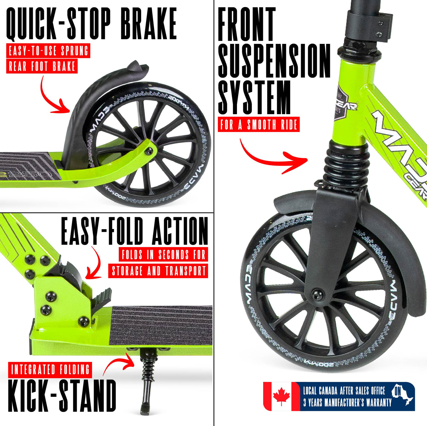 MG Madd Gear Metro Cruise 250 Folding Scooter. Cruise with ease with smooth bearings and quick stop brake.