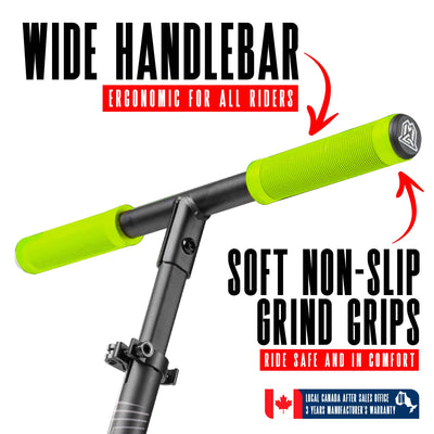 Madd Gear Metro Cruise 250 Commuter Scooter Green Black with soft non-slip grips and a 2-piece handlebar.