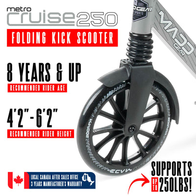 Madd Gear Razor Metro Cruise 250 Folding Adjustable Commuter Scooter Teens Adults Gray Black 200mm