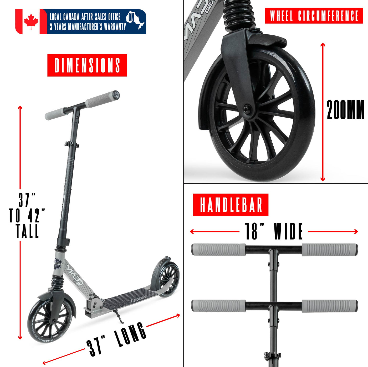 Madd Gear Metro Cruise 250 Gray Black 200mm Wheel Scooter. Ultra smooth rolling and compact folding action. Adjustable height for riders of all heights.