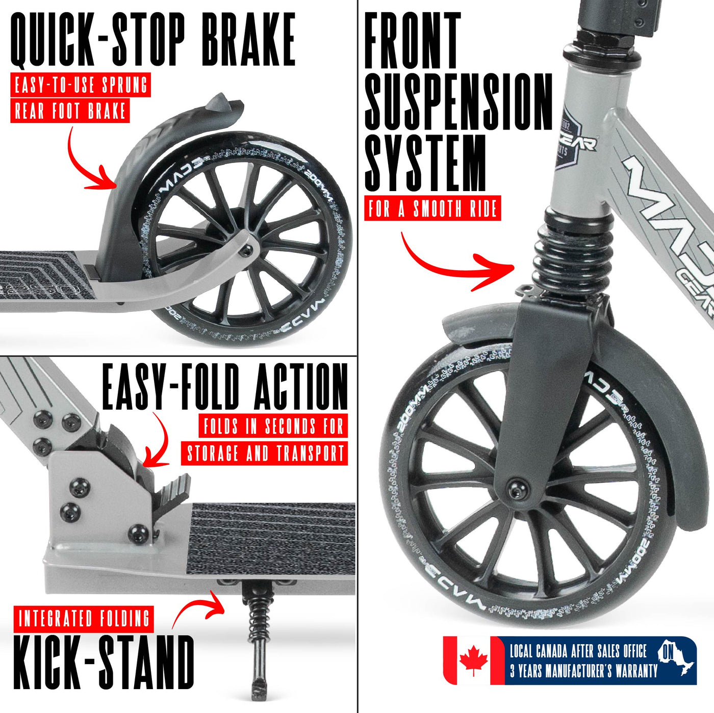 MG Madd Gear Metro Cruise 250 Folding Scooter. Cruise with ease with smooth bearings and quick stop brake.