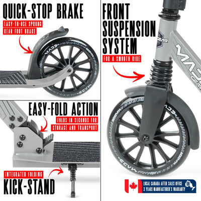 MG Madd Gear Metro Cruise 250 Folding Scooter. Cruise with ease with smooth bearings and quick stop brake.