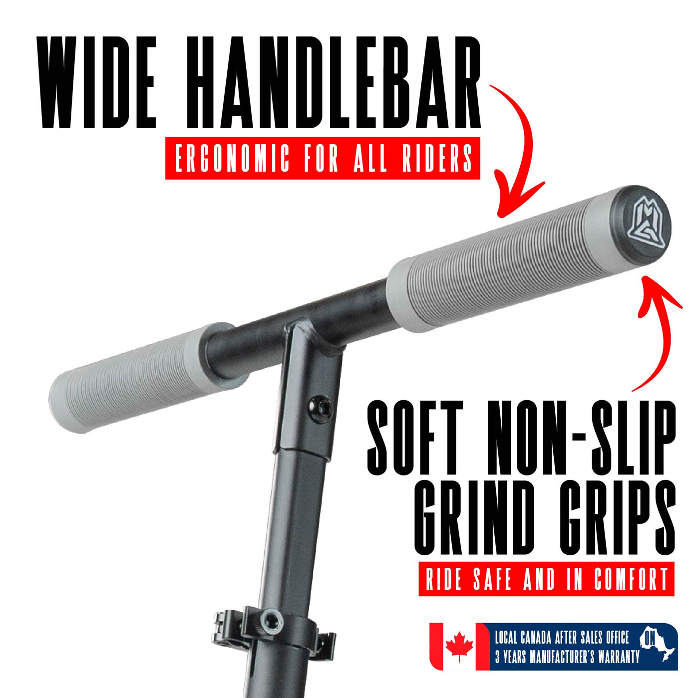 Madd Gear Metro Cruise 250 Commuter Scooter Gray Black with soft non-slip grips and a 2-piece handlebar.
